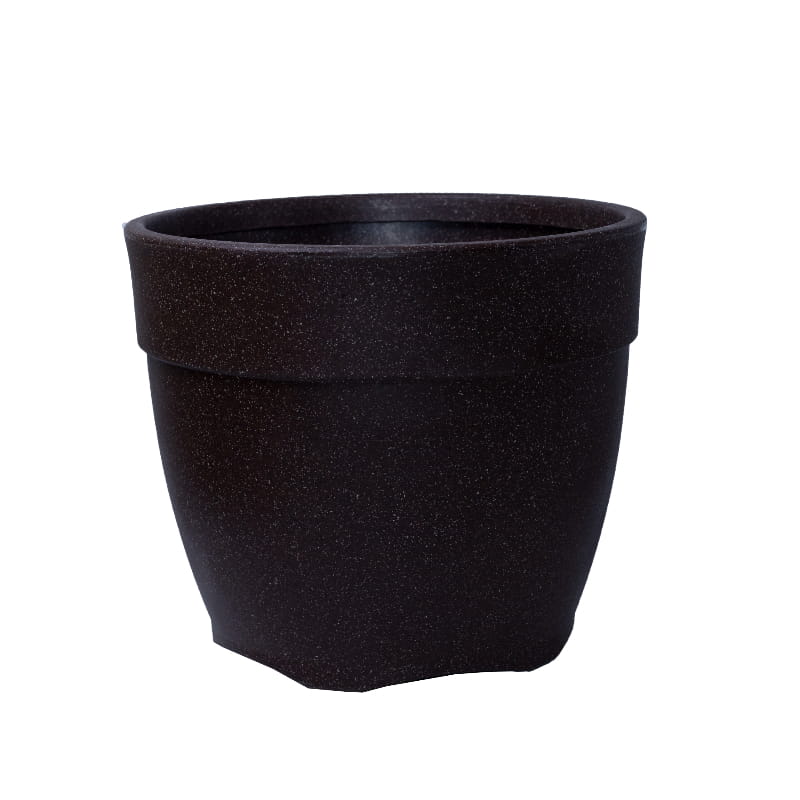 Against a white background, the Brown Stone Barca Round, a circular stone finish plastic planter that looks like granite available at Sukham Home, a sustainable furniture, gardening and home decor store in Kolkata, India