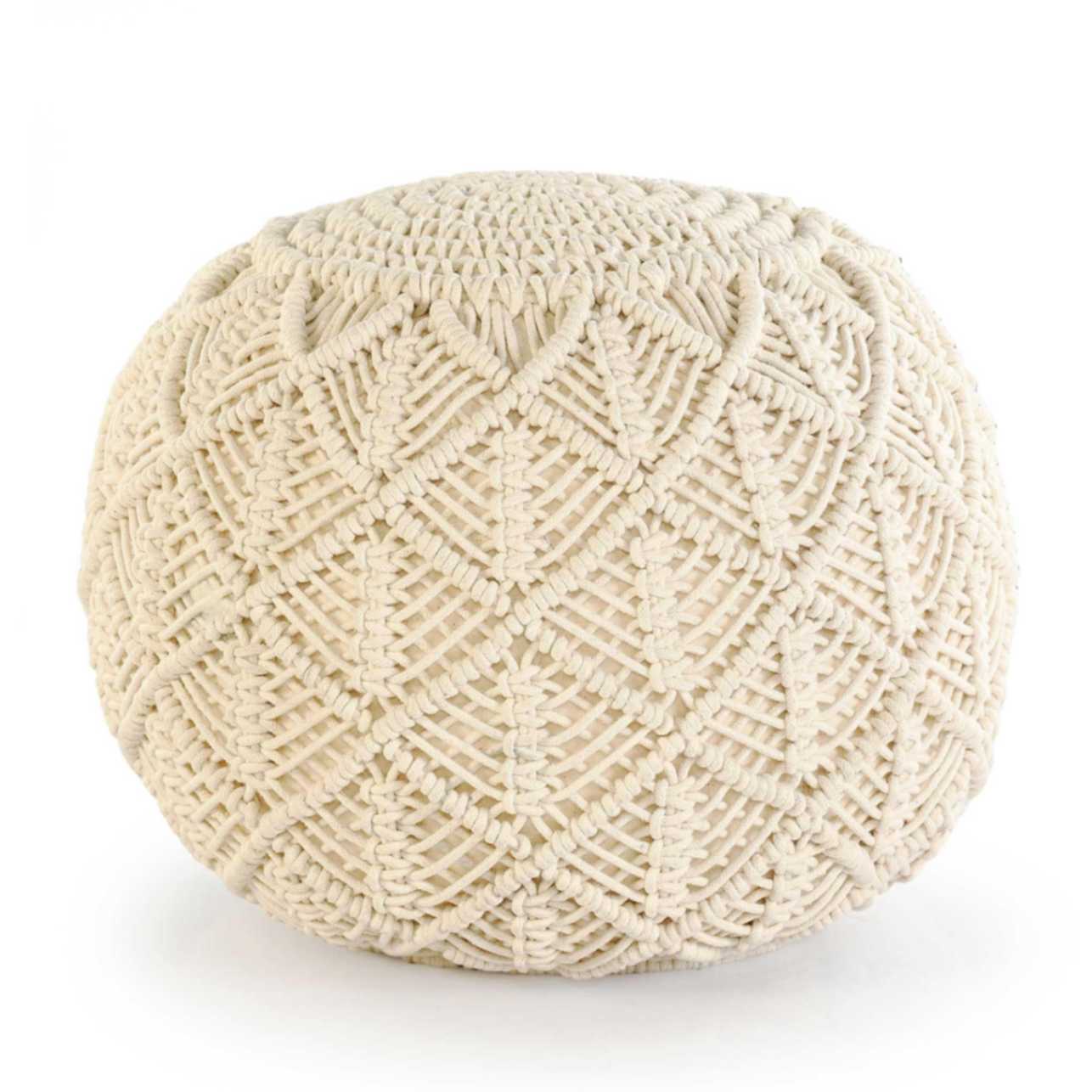 Against a white background, the Beige Macrame Pouf, a white ottoman made from cotton, available at Sukham Home, a sustainable furniture, kitchen & dining and home decor store in Kolkata, India