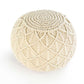 Against a white background, the tilted top view of the Beige Macrame Pouf, a white ottoman made from cotton, available at Sukham Home, a sustainable furniture, kitchen & dining and home decor store in Kolkata, India