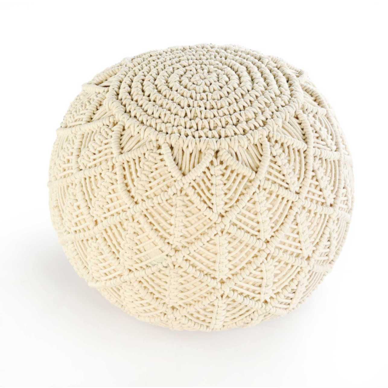 Against a white background, the tilted top view of the Beige Macrame Pouf, a white ottoman made from cotton, available at Sukham Home, a sustainable furniture, kitchen & dining and home decor store in Kolkata, India