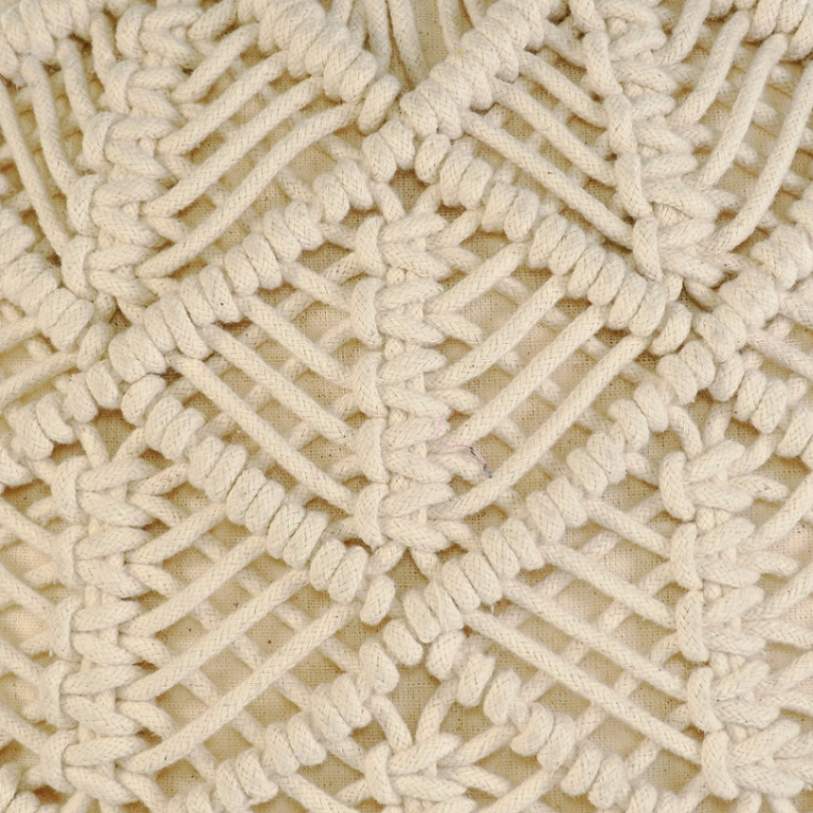 Close up of the braiding on the Beige Macrame Pouf, a white ottoman made from cotton, available at Sukham Home, a sustainable furniture, kitchen & dining and home decor store in Kolkata, India