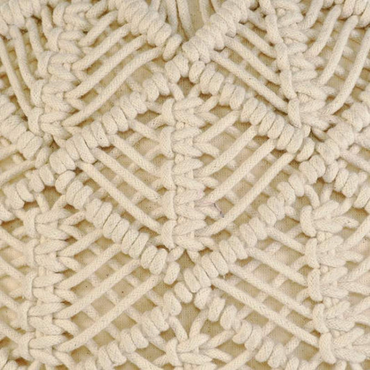 Close up of the braiding on the Beige Macrame Pouf, a white ottoman made from cotton, available at Sukham Home, a sustainable furniture, kitchen & dining and home decor store in Kolkata, India