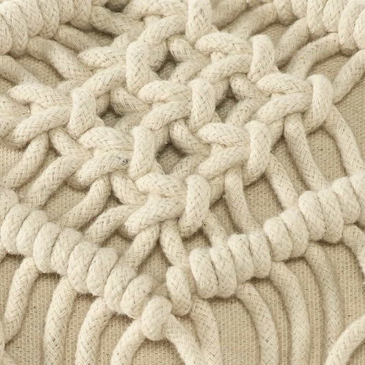 Close up of the texture and design of the Beige White Macrame Cushion with Fringes, a rectangle accent pillow you can buy online at Sukham Home, a sustainable furniture, kitchen & dining and home decor store in Kolkata, India