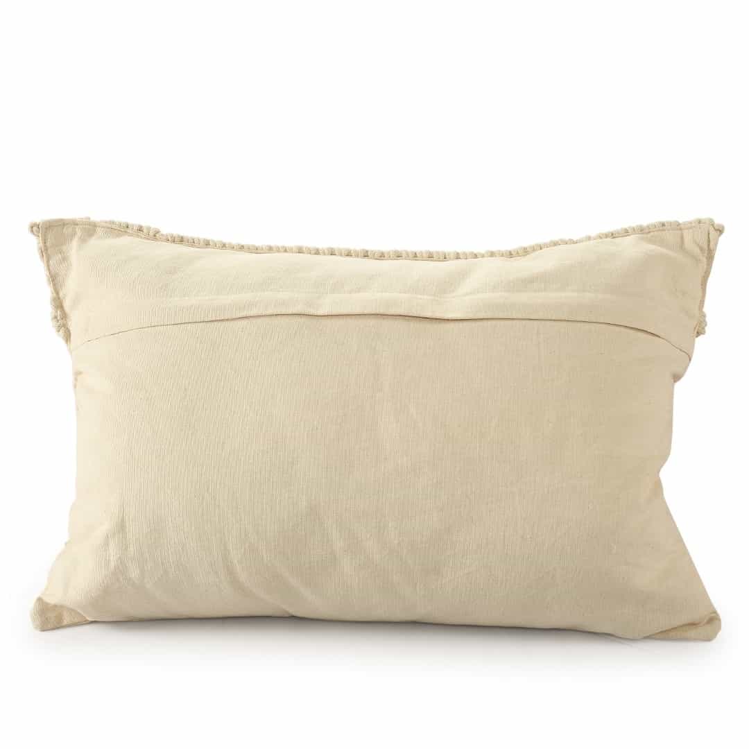 Back of the Beige White Macrame Cushion with Fringes, a rectangle accent pillow you can buy online at Sukham Home, a sustainable furniture, kitchen & dining and home decor store in Kolkata, India