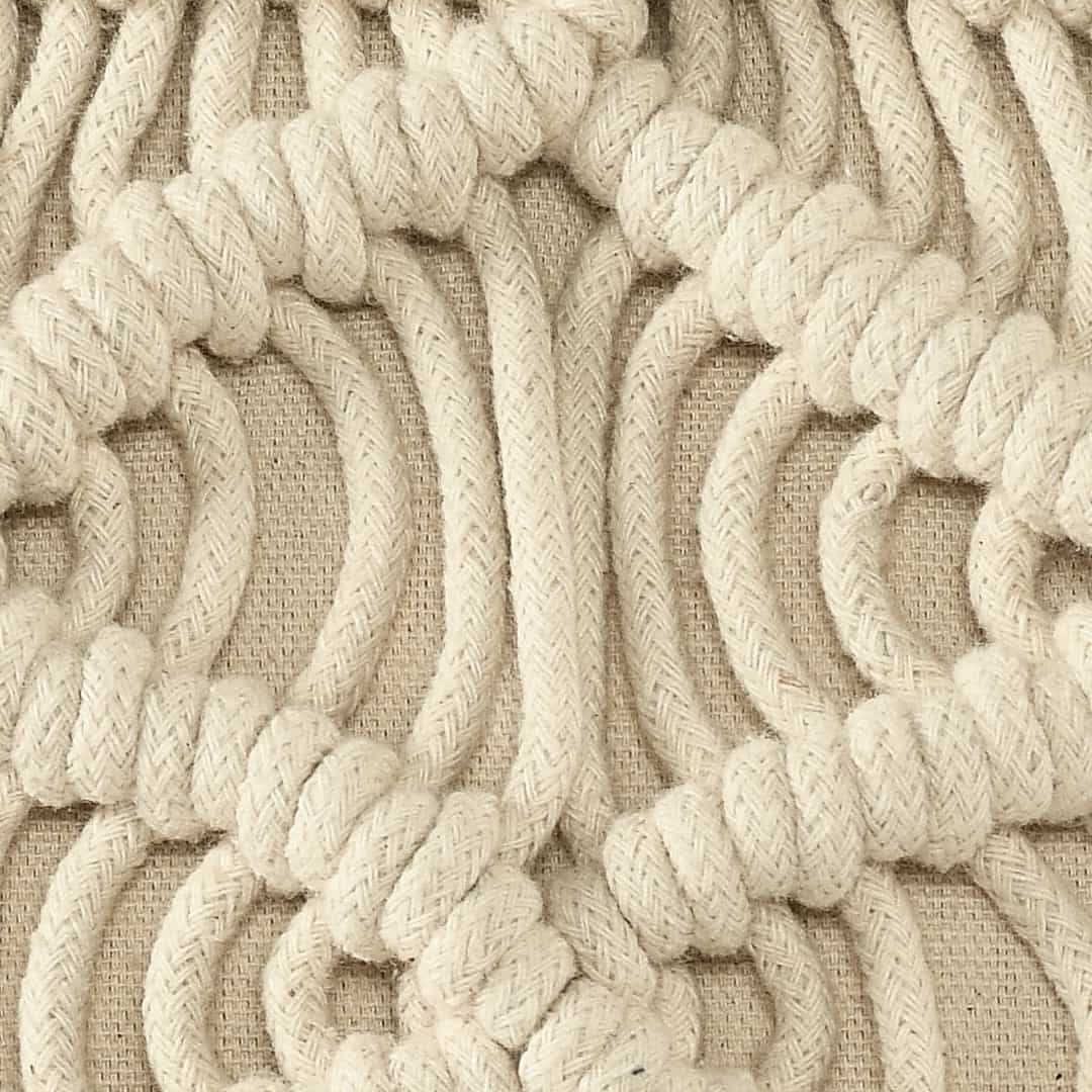 Close up of the texture and design of the Beige White Macrame Cushion, a rectangle accent pillow you can buy online at Sukham Home, a sustainable furniture, kitchen & dining and home decor store in Kolkata, India