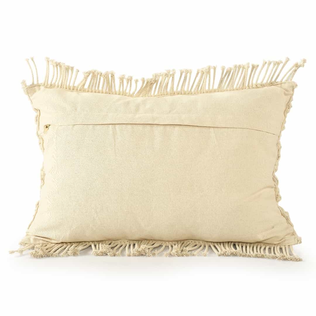 Back of the Beige White Macrame Cushion, a rectangle accent pillow you can buy online at Sukham Home, a sustainable furniture, kitchen & dining and home decor store in Kolkata, India