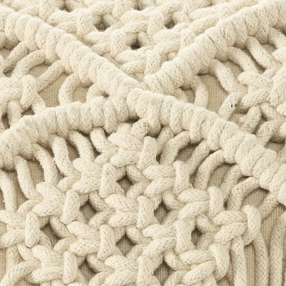 Close up of the texture and design of the Beige White Macrame Cushion with Fringes, a square accent pillow you can buy online at Sukham Home, a sustainable furniture, kitchen & dining and home decor store in Kolkata, India