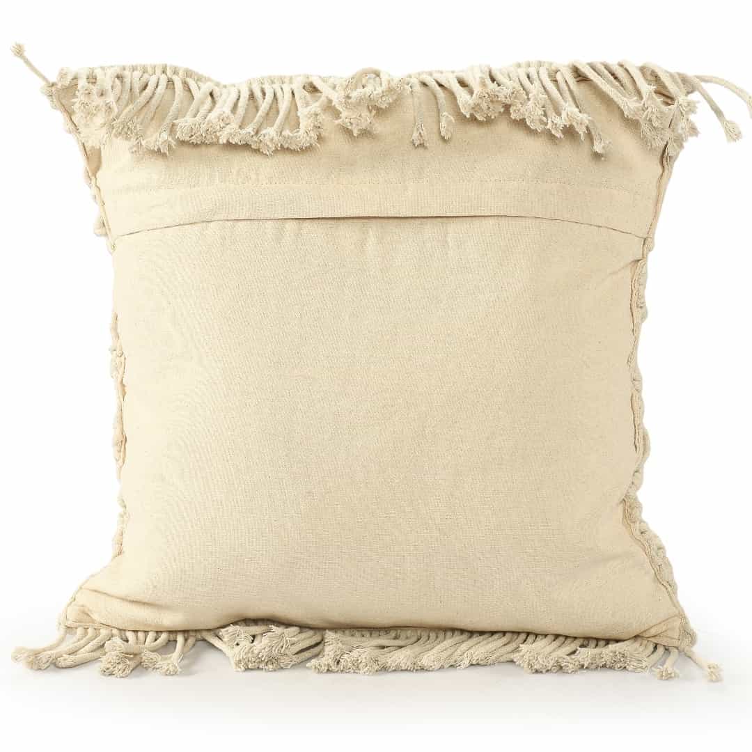 Against a white background, the back of the Beige White Macrame Cushion, a square accent pillow you can buy online at Sukham Home, a sustainable furniture, kitchen & dining and home decor store in Kolkata, India