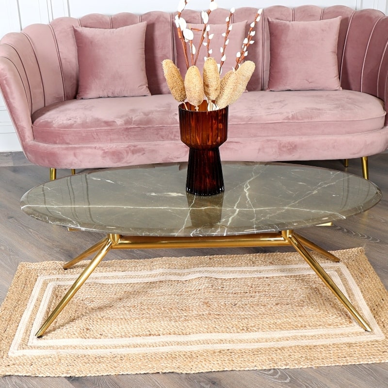 Placed in the living room on a marble floor, the Rectangular Jute Rug with White Accents, a small rectangle jute and beige cotton carpet you can buy online at Sukham Home, a sustainable furniture, kitchen & dining and home decor store in Kolkata, India