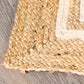 Corner finishing of the Rectangular Jute Rug with White Accents, a small rectangle jute and beige cotton carpet you can buy online at Sukham Home, a sustainable furniture, kitchen & dining and home decor store in Kolkata, India