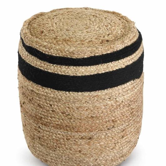 Against a white background, the Jute Pouf with Black Accent, a braided and stitched ottoman made from jute & cotton, available at Sukham Home, a sustainable furniture, kitchen & dining and home decor store in Kolkata, India