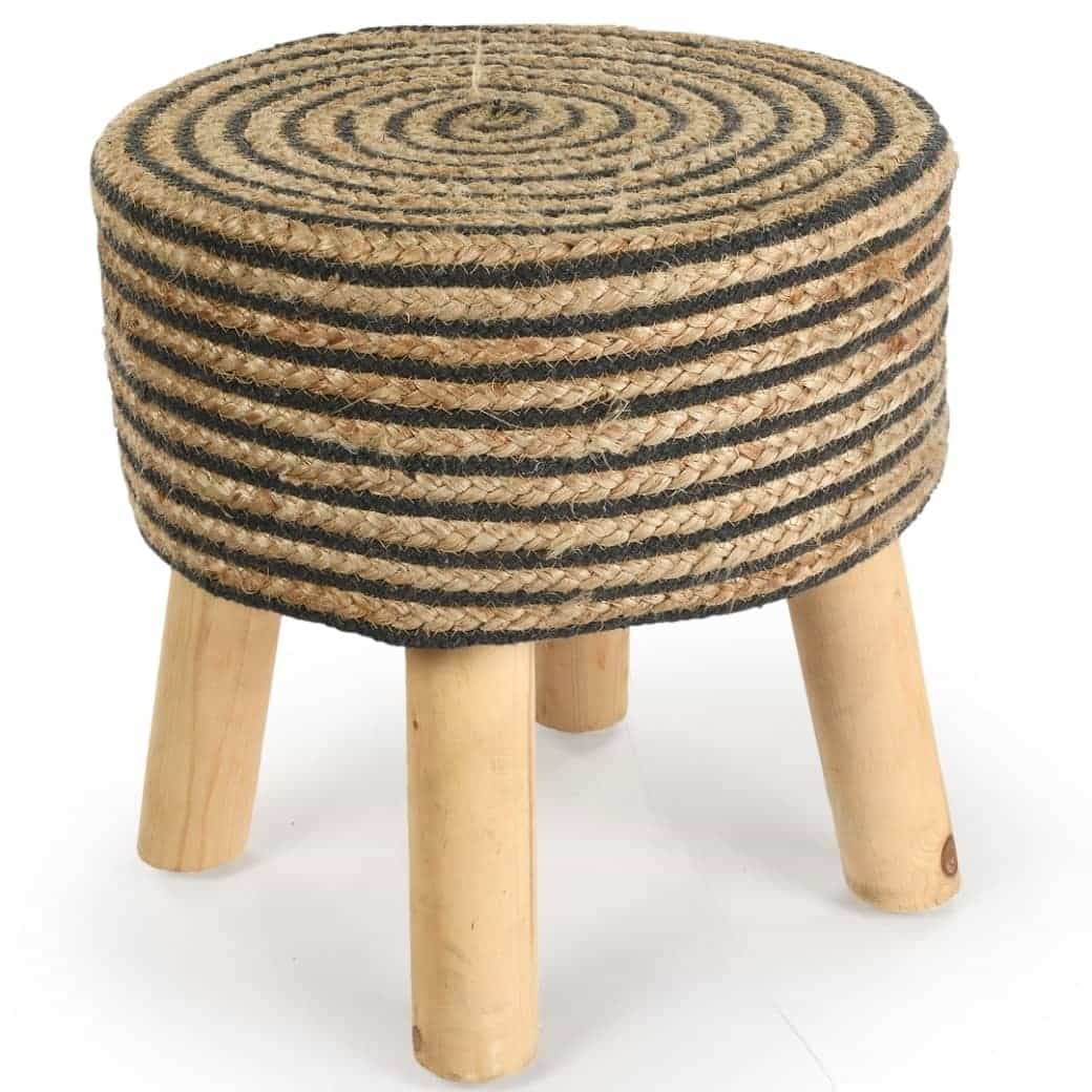 Against a white background, the Black Circle of Life Stool, a black ottoman made from jute, cotton and mango wood, available at Sukham Home, a sustainable furniture, kitchen & dining and home decor store in Kolkata, India