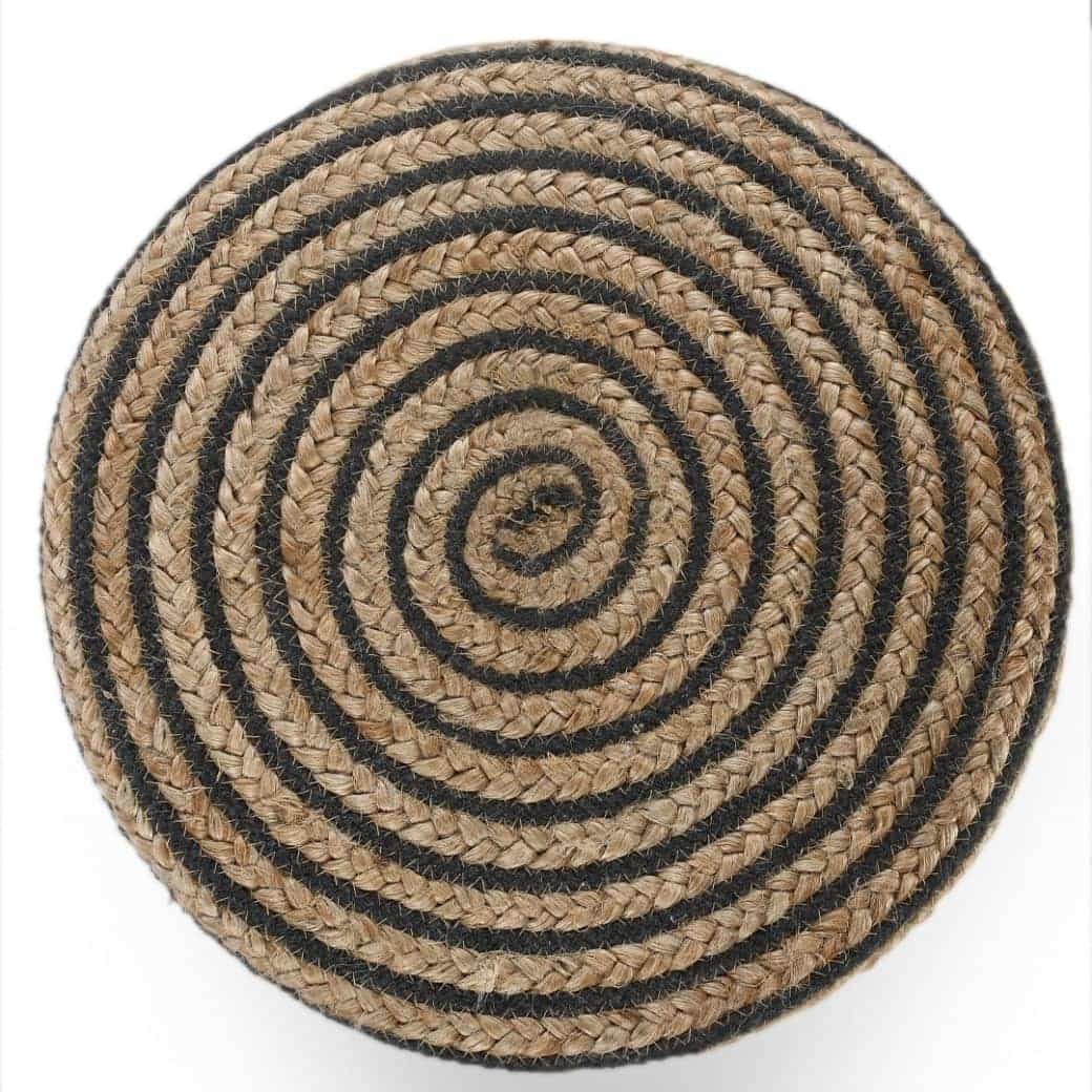 Top view of the Black Circle of Life Stool, a black ottoman made from jute, cotton and mango wood, available at Sukham Home, a sustainable furniture, kitchen & dining and home decor store in Kolkata, India