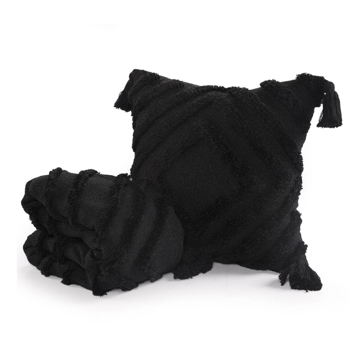 Against a white background, the Black Tufted Throw with Cushion Cover you can buy online at Sukham Home, a sustainable furniture, kitchen & dining and home decor store in Kolkata, India