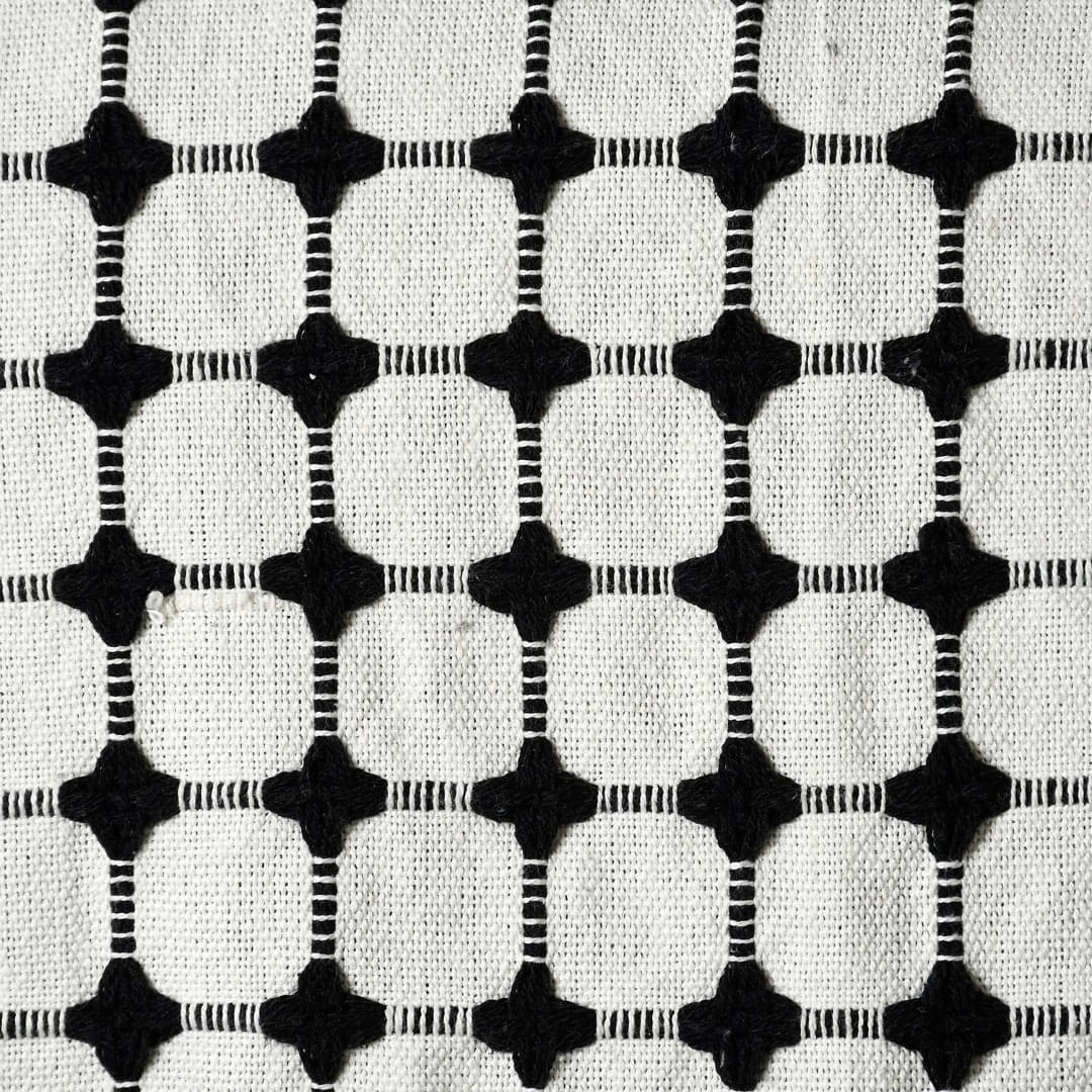 Close up of the woven pattern on the Black and White Cotton Bedcover Throw you can buy online at Sukham Home, a sustainable furniture, kitchen & dining and home decor store in Kolkata, India