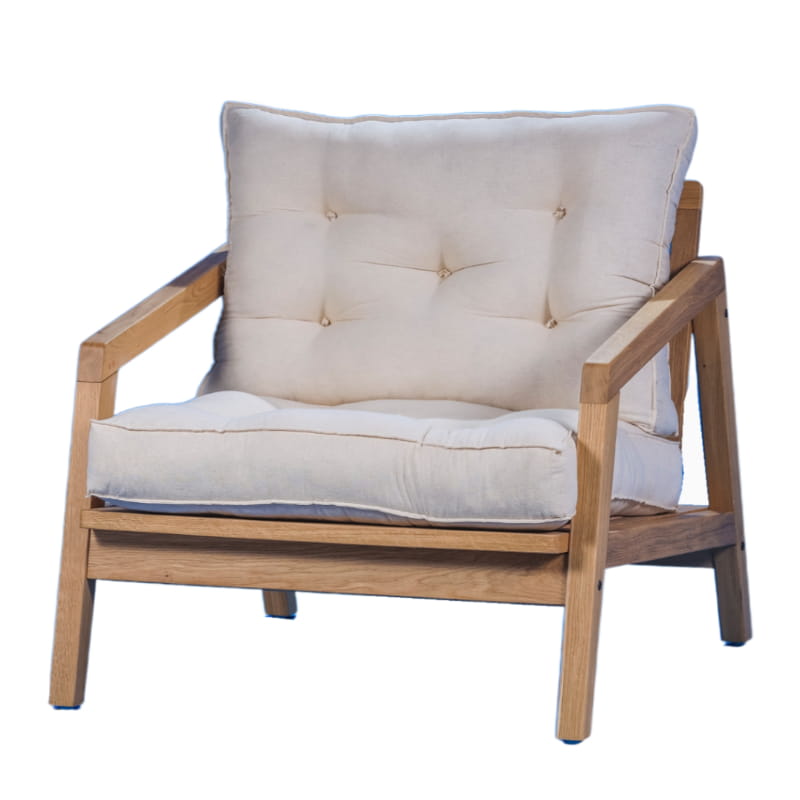 Against a white background, the Oak Natural Bliss Armchair, a wooden cushioned midcentury seat you can buy online at Sukham Home, a sustainable furniture, kitchen & dining and home decor store in Kolkata, India