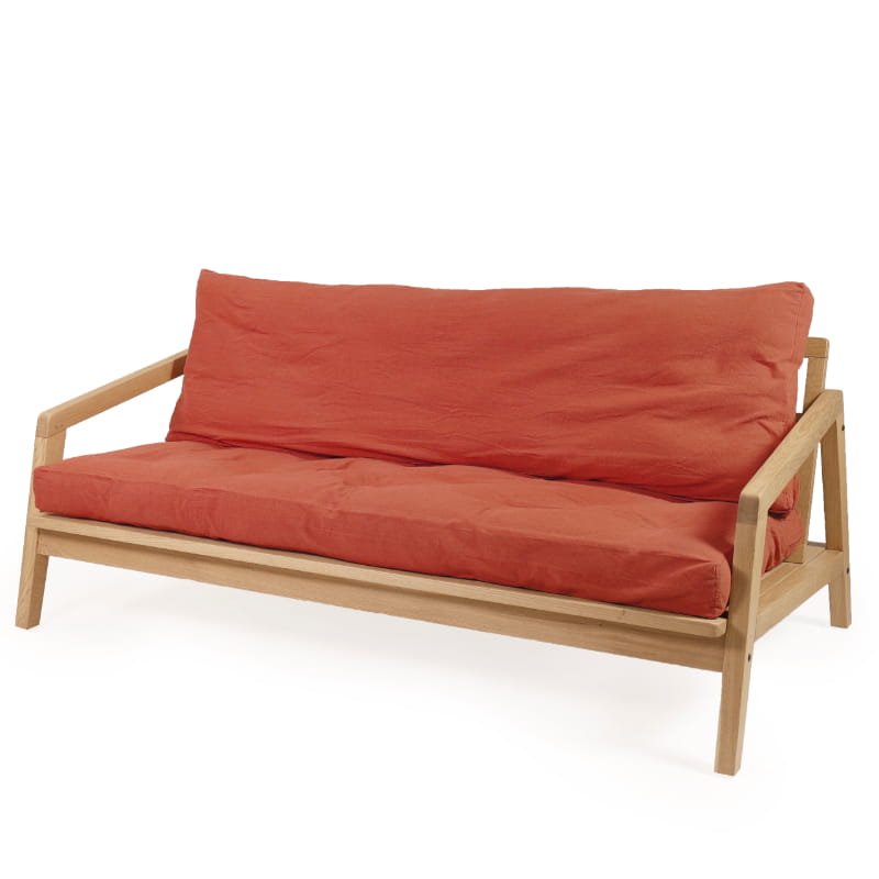 Front view of the Bliss Sofa, a wooden cushioned midcentury sofa you can buy online at Sukham Home, a sustainable furniture, kitchen & dining and home decor store in Kolkata, India