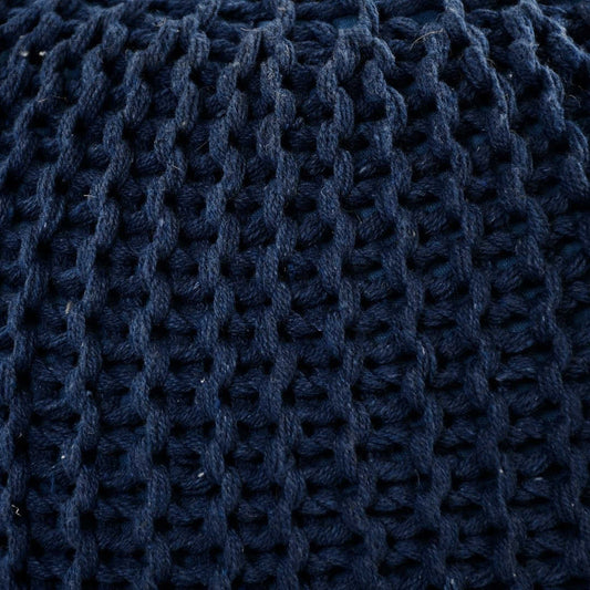 Close up of the texture of the fabric on the Blue Knitted Pouf, a navy blue ottoman made from cotton, available at Sukham Home, a sustainable furniture, kitchen & dining and home decor store in Kolkata, India