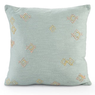 Against a white background, the Minimalist Threaded Cushion, a square blue embroidered accent pillow available at Sukham Home, a sustainable furniture, kitchen & dining and home decor store in Kolkata, India