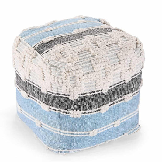 Against a white background, the Geometric Details Blue Pouf, an ottoman made from cotton, available at Sukham Home, a sustainable furniture, kitchen & dining and home decor store in Kolkata, India