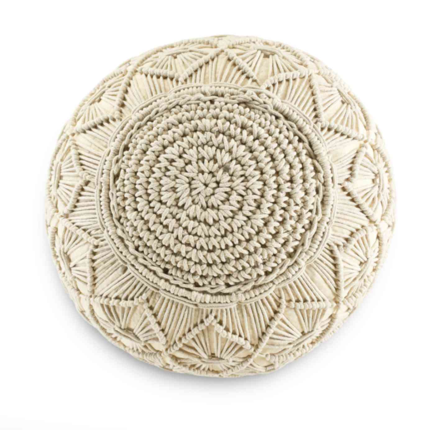 Against a white background, the top view of the Bohemian Macrame Pouf, a white ottoman made from cotton, available at Sukham Home, a sustainable furniture, kitchen & dining and home decor store in Kolkata, India