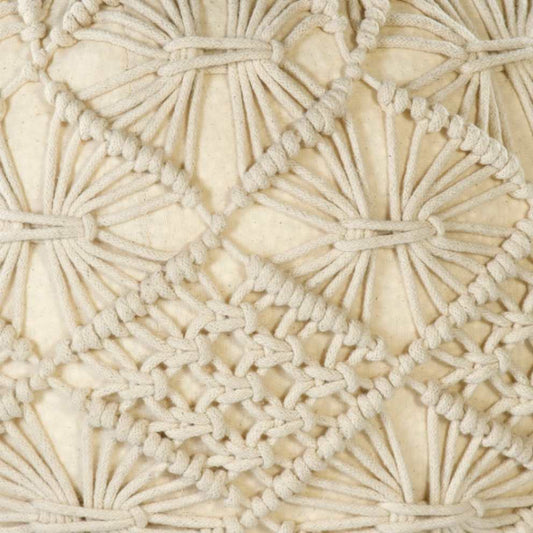 Close up of the texture and design on the Bohemian Macrame Pouf, a white ottoman made from cotton, available at Sukham Home, a sustainable furniture, kitchen & dining and home decor store in Kolkata, India