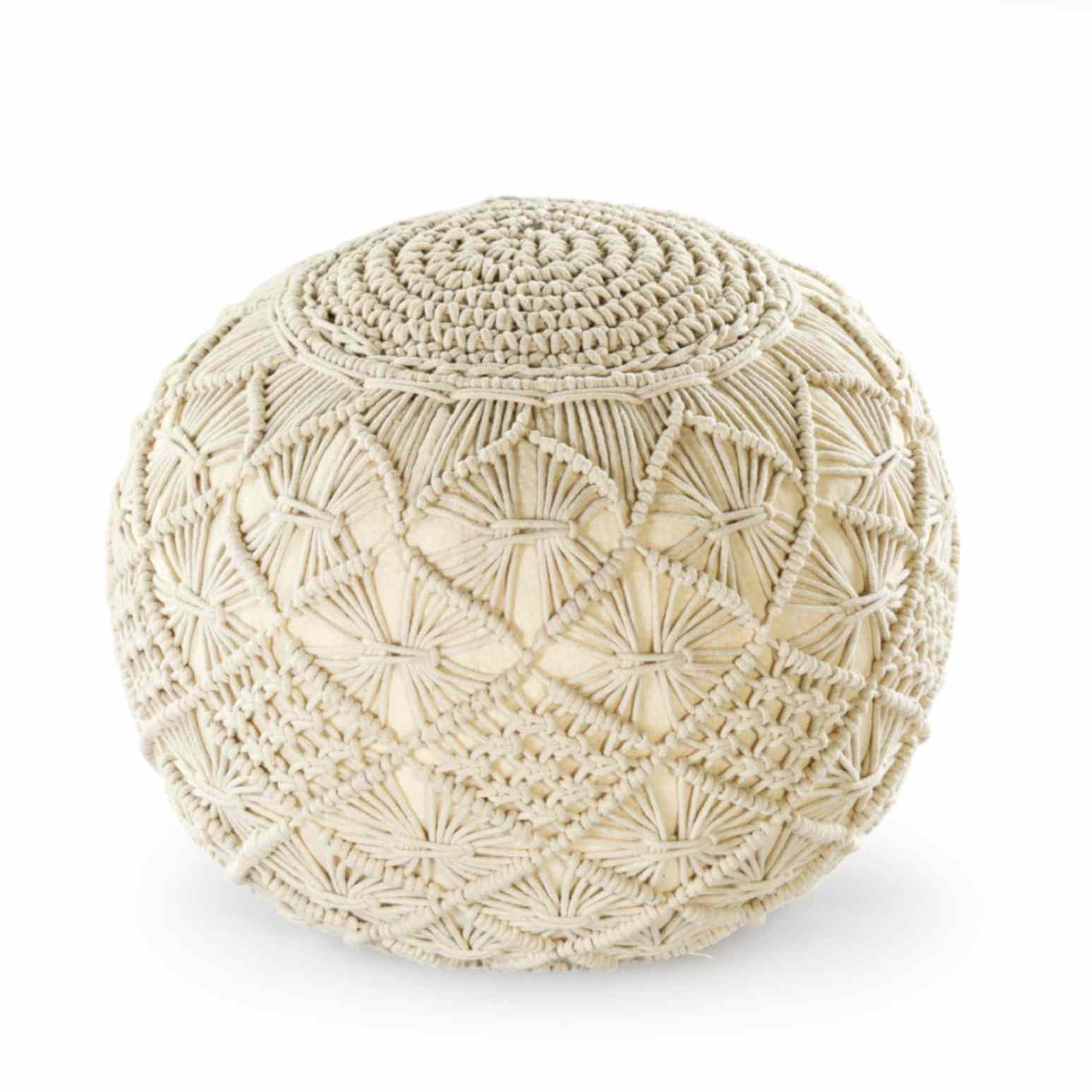 Against a white background, the Bohemian Macrame Pouf, a white ottoman made from cotton, available at Sukham Home, a sustainable furniture, kitchen & dining and home decor store in Kolkata, India