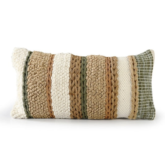 Against a white background, the Boho Woven Cushion, a rectangle green, white and brown accent pillow available at Sukham Home, a sustainable furniture, kitchen & dining and home decor store in Kolkata, India