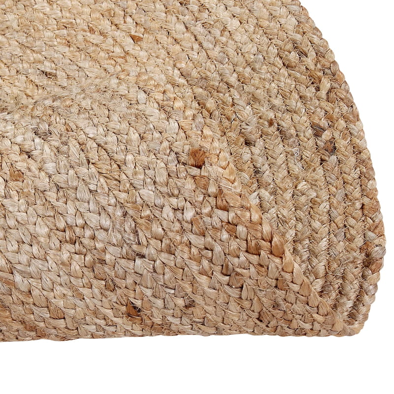 Both sides of the Braided Round Jute Rug, a circular jute carpet you can buy online at Sukham Home, a sustainable furniture, kitchen & dining and home decor store in Kolkata, India