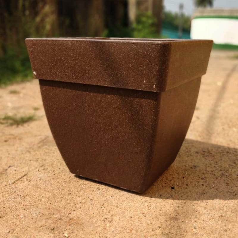 Side angle of the Brown Stone Barca Square, a square stone finish plastic planter that looks like granite available at Sukham Home, a sustainable furniture, gardening and home decor store in Kolkata, India