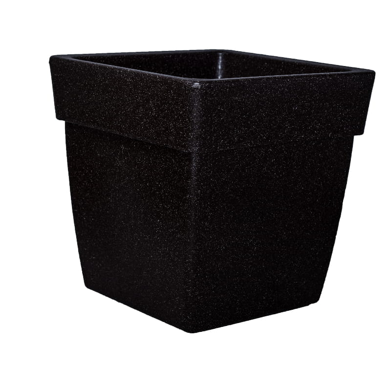 Against a white background, the Barca Square, a square stone finish plastic planter that looks like granite available at Sukham Home, a sustainable furniture, gardening and home decor store in Kolkata, India