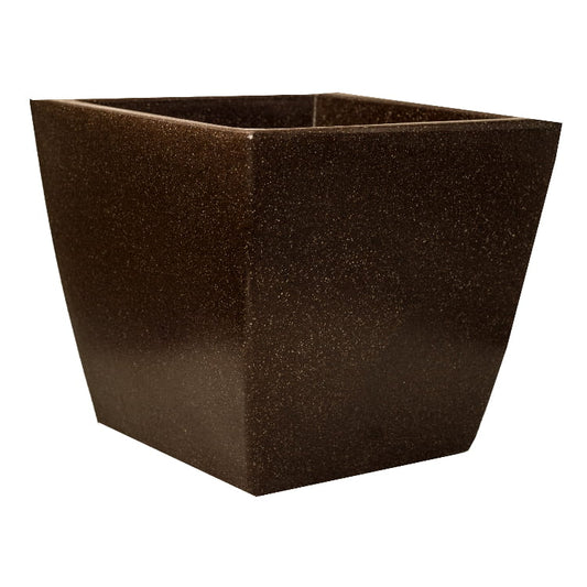 Against a white background, the Brown Stone Cubo N-40, a square stone finish plastic planter that looks like granite available at Sukham Home, a sustainable furniture, gardening and home decor store in Kolkata, India