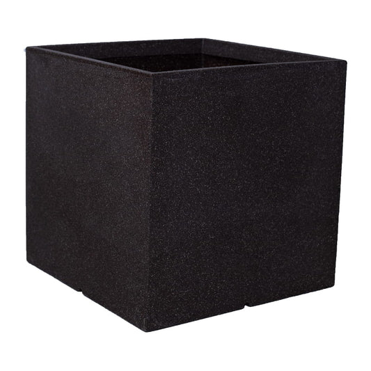 Against a white background, the Brown Stone Quebec Square, a square stone finish plastic planter that looks like granite available at Sukham Home, a sustainable furniture, gardening and home decor store in Kolkata, India