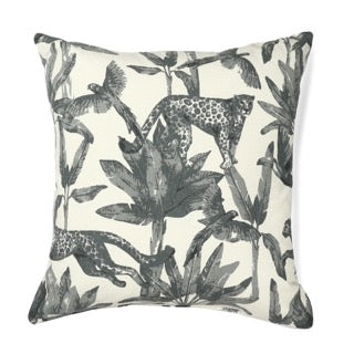 Against a white background, the Call of the Wild Cushion, a square white and grey jungle-printed accent pillow available at Sukham Home, a sustainable furniture, kitchen & dining and home decor store in Kolkata, India