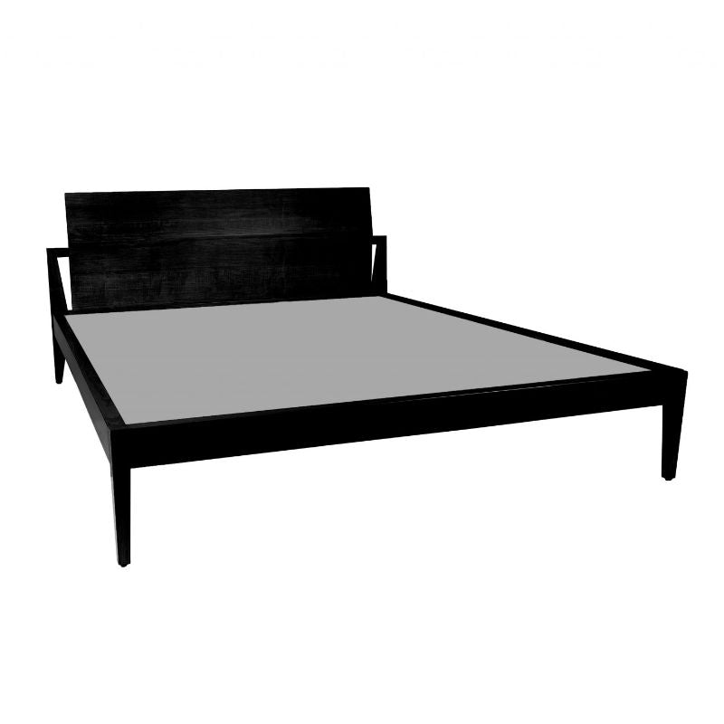 Against a white background, Ash Charcoal Calm, a wooden bed with a slanted headboard you can buy online at Sukham Home, a sustainable furniture, kitchen & dining and home decor store in Kolkata, India