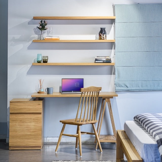 Front view of the Oak Natural Canvas Desk, a wooden office table with drawer storage and cabinet you can buy online at Sukham Home, a sustainable furniture, kitchen & dining and home decor store in Kolkata, India