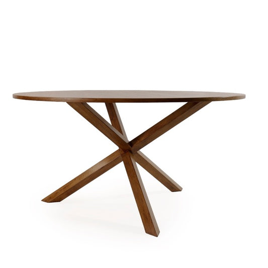 Against a white background, side view of the Compass, a wooden round dining table you can buy online at Sukham Home, a sustainable furniture, kitchen & dining and home decor store in Kolkata, India