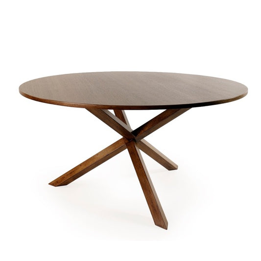 Against a white background, top view of the Compass, a wooden round dining table you can buy online at Sukham Home, a sustainable furniture, kitchen & dining and home decor store in Kolkata, India