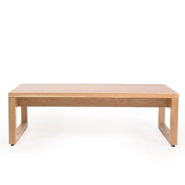 Against a white background, side view of the Oak Natural Core Centre Table, a wooden coffee and centre table you can buy online at Sukham Home, a sustainable furniture, kitchen & dining and home decor store in Kolkata, India