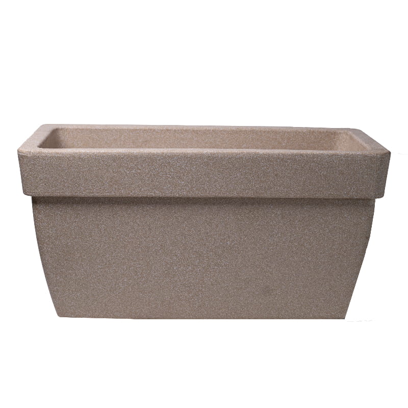 Against a white background, the Cream Stone Barca Rectangle, a rectangle stone finish plastic planter that looks like granite available at Sukham Home, a sustainable furniture, gardening and home decor store in Kolkata, India