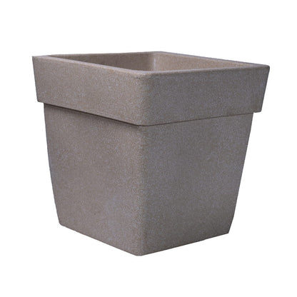 Against a white background, the Barca Square, a square stone finish plastic planter that looks like granite available at Sukham Home, a sustainable furniture, gardening and home decor store in Kolkata, India