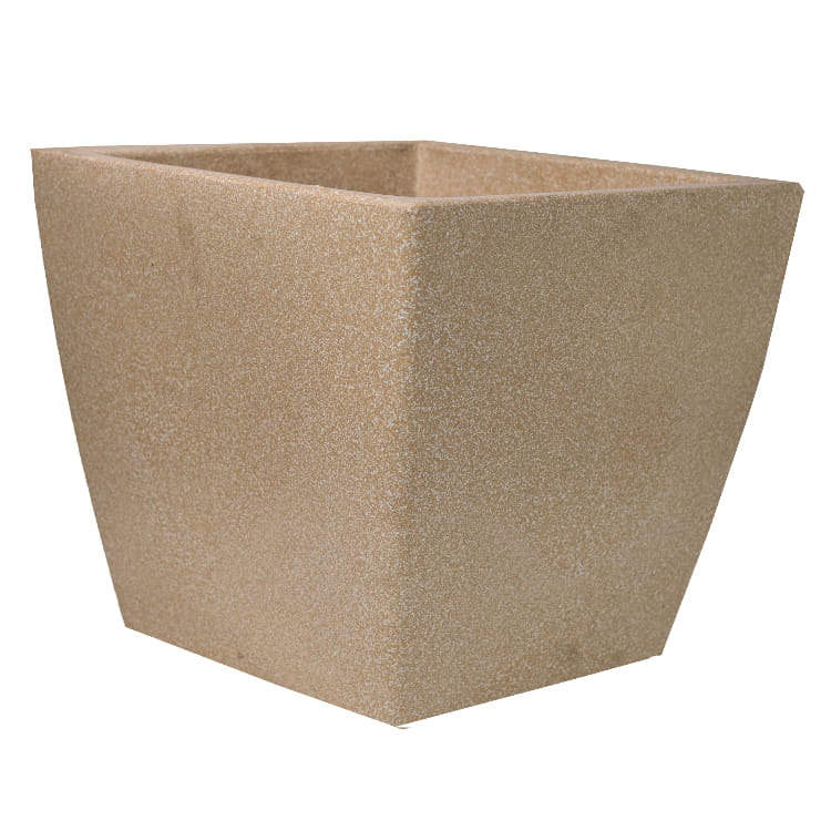 Against a white background, the Cream Stone Cubo N-40, a square stone finish plastic planter that looks like granite available at Sukham Home, a sustainable furniture, gardening and home decor store in Kolkata, India