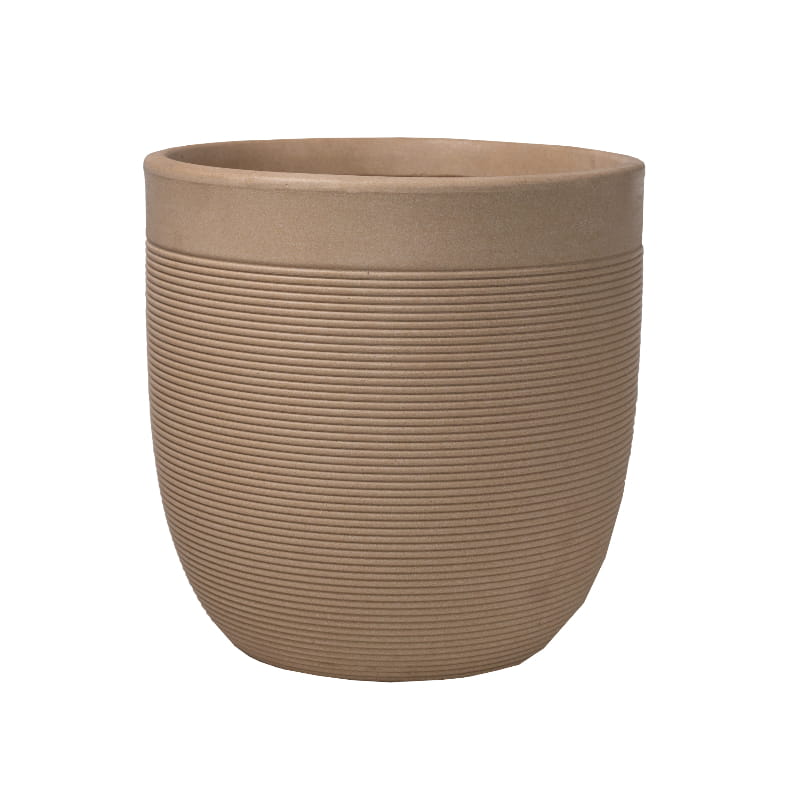 Against a white background, the Cream Stone Milano, a round ribbed stone finish plastic planter that looks like granite available at Sukham Home, a sustainable furniture, gardening and home decor store in Kolkata, India