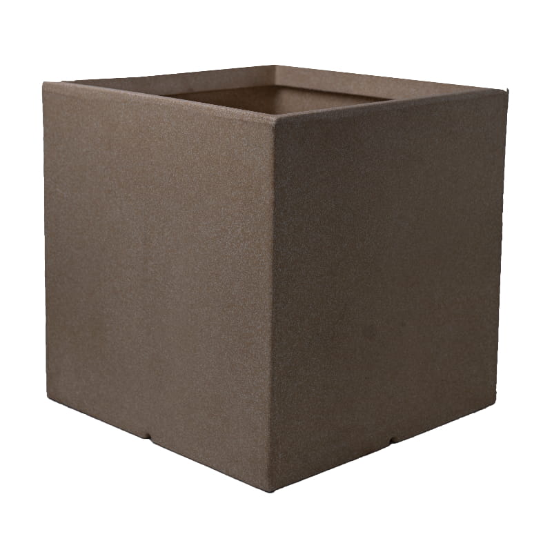 Against a white background, the Cream Stone Quebec Square, a square stone finish plastic planter that looks like granite available at Sukham Home, a sustainable furniture, gardening and home decor store in Kolkata, India