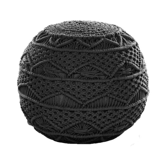 Against a white background, side view of the Dark Grey Macrame Pouf, a grey ottoman made from cotton, available at Sukham Home, a sustainable furniture, kitchen & dining and home decor store in Kolkata, India