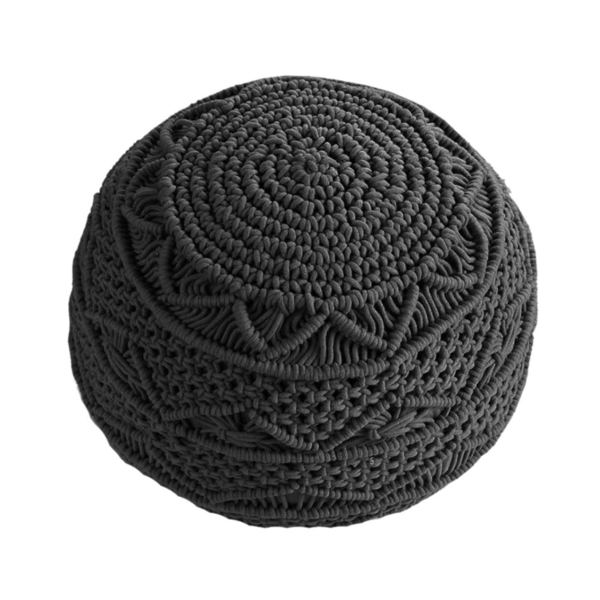 Against a white background, tilted view of the Dark Grey Macrame Pouf, a grey ottoman made from cotton, available at Sukham Home, a sustainable furniture, kitchen & dining and home decor store in Kolkata, India