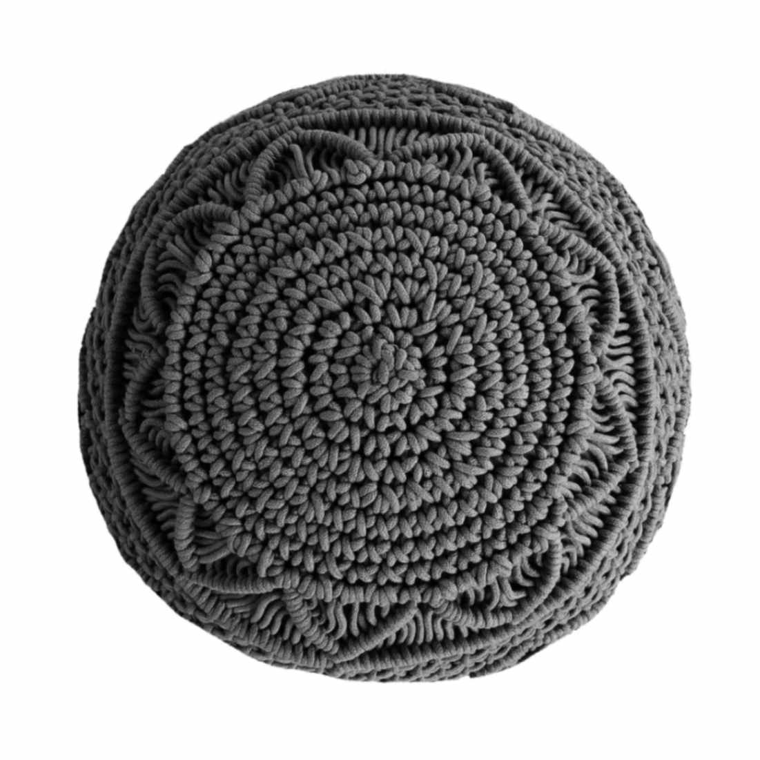 Against a white background, top view of the Dark Grey Macrame Pouf, a grey ottoman made from cotton, available at Sukham Home, a sustainable furniture, kitchen & dining and home decor store in Kolkata, India