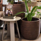 Next to a side table, the Dark Brown Dualtone Wood Rib Short, a round textured luxury planter made from FRP you can buy online at Sukham Home, a sustainable furniture, gardening and home decor store in Kolkata, India