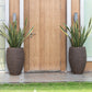 In front of the door entrance, the Dark Brown Dual Tone Wood Rib High, a round tall textured luxury planter made from FRP you can buy online at Sukham Home, a sustainable furniture, gardening and home decor store in Kolkata, India