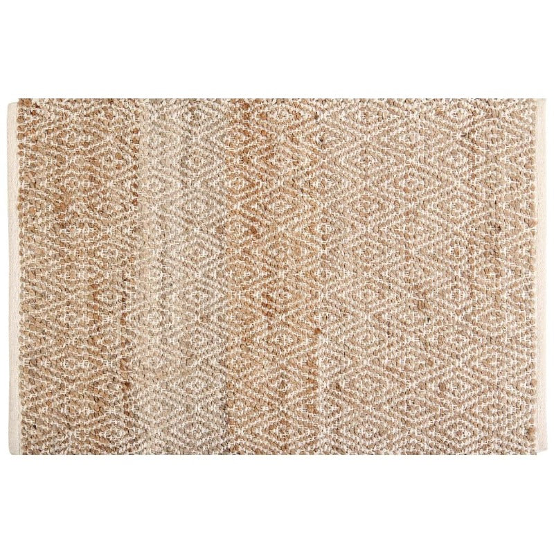 Against a white background, the Handwoven Jute Rug with Diamond Design Weaves, a small rectangle jute and white cotton carpet you can buy online at Sukham Home, a sustainable furniture, kitchen & dining and home decor store in Kolkata, India